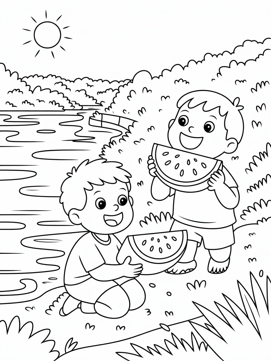 Eating watermelon by the river - Free Coloring Page