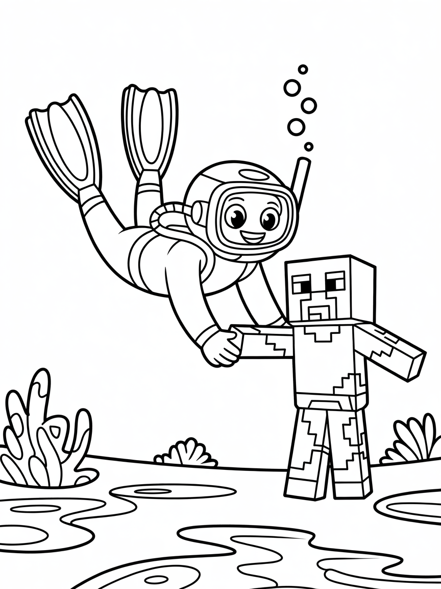 Scubadiver discovers minecraft character - Free Coloring Page