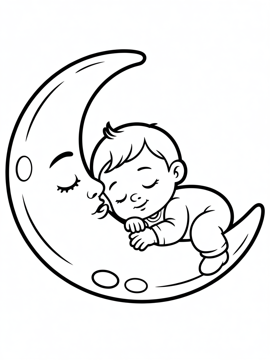 Cute baby boy sleeping on moon crescent - Free Coloring Page
