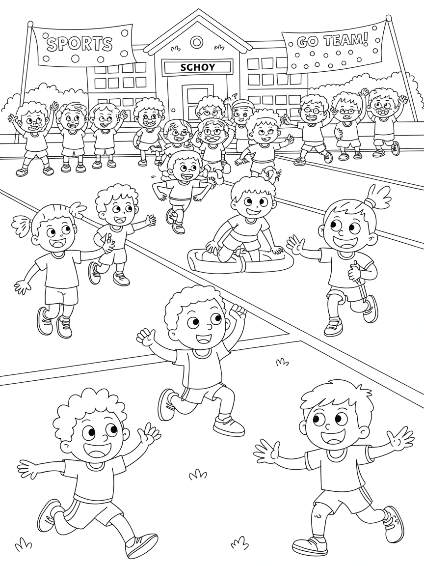 Children's sports day in primary school - Free Coloring Page