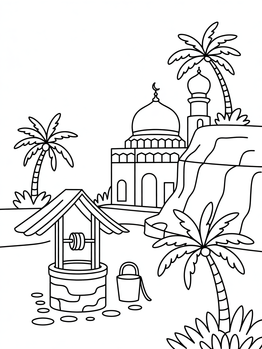 Mosque with well and palm trees and stony cliff - Free Coloring Page