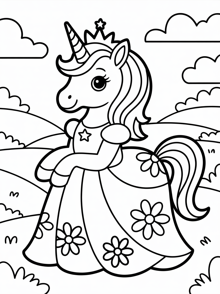 unicorn princess - Free Coloring Page