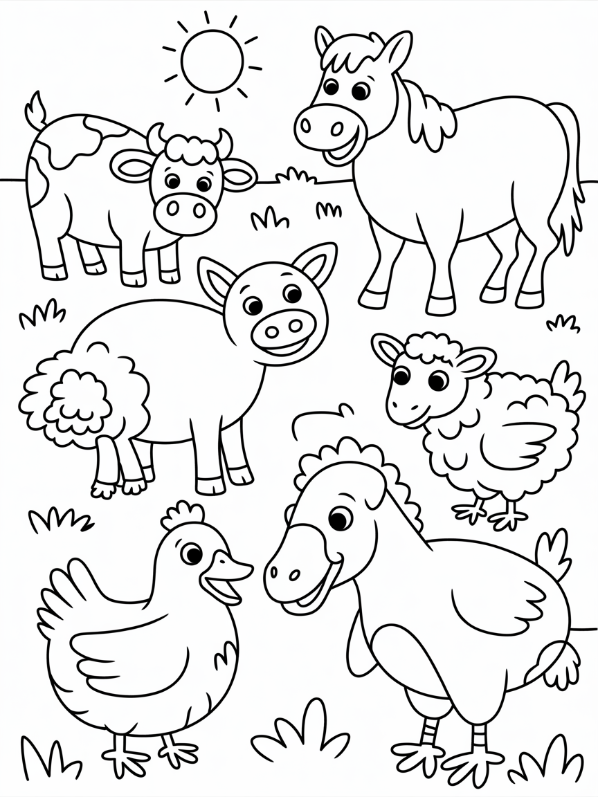 Different farm animals - Free Coloring Page