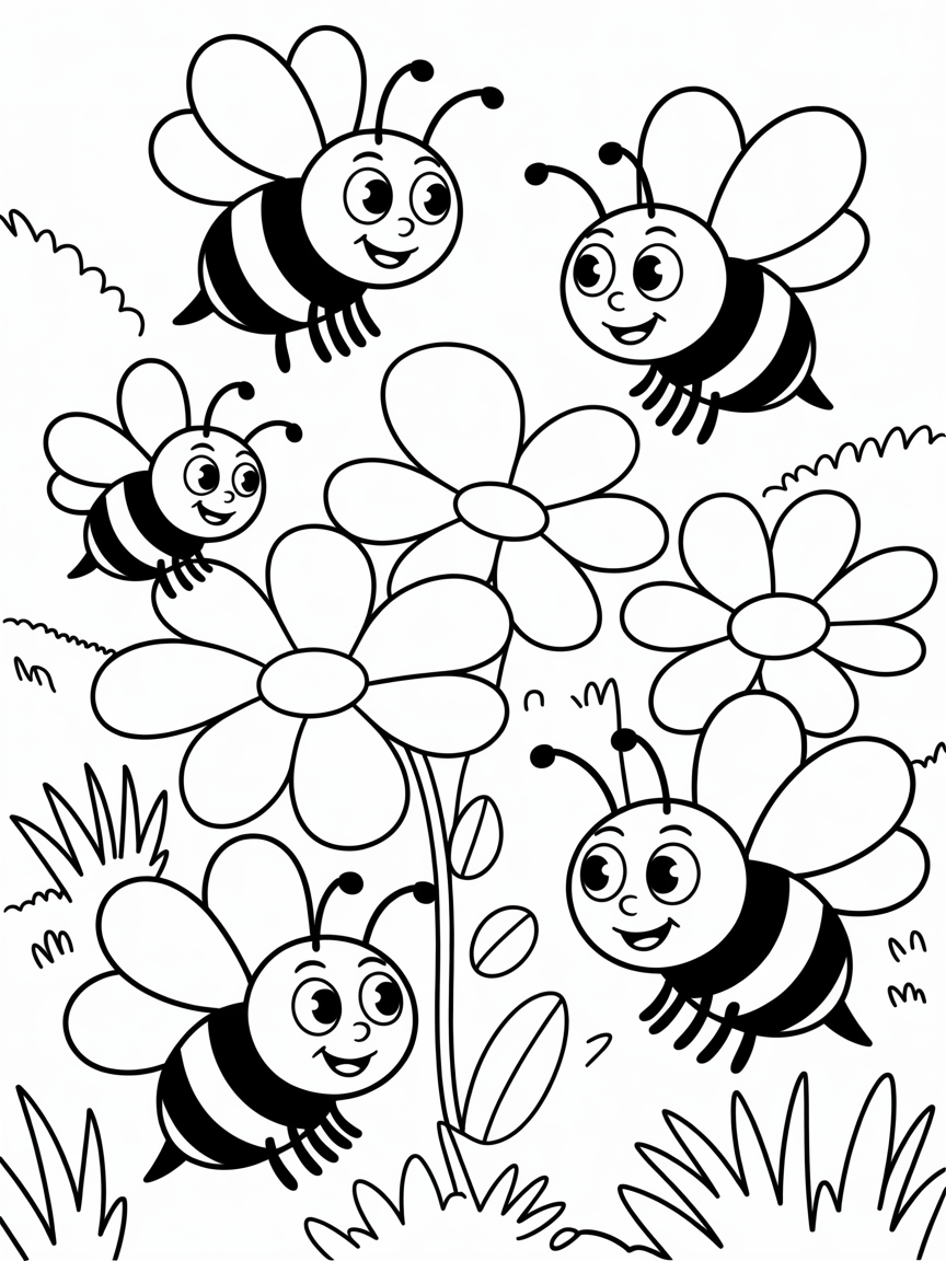 Bees looking for flowers - Free Coloring Page