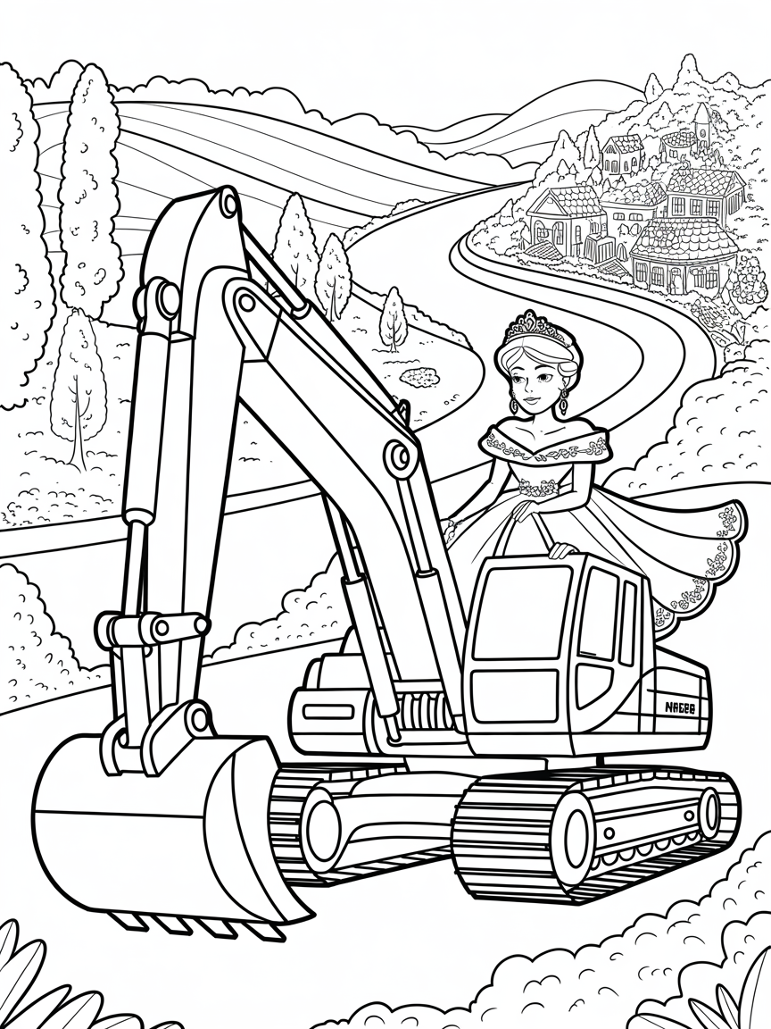 Princess on a digger - Free Coloring Page