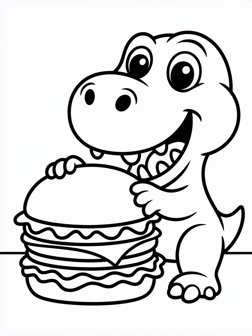 Dinosaur eating a hamburger - Free Coloring Page