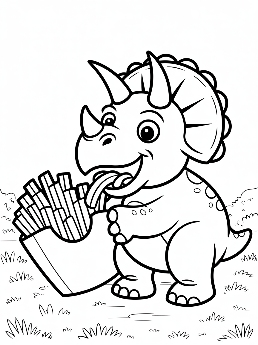 Triceratop eating frenchfries - Free Coloring Page