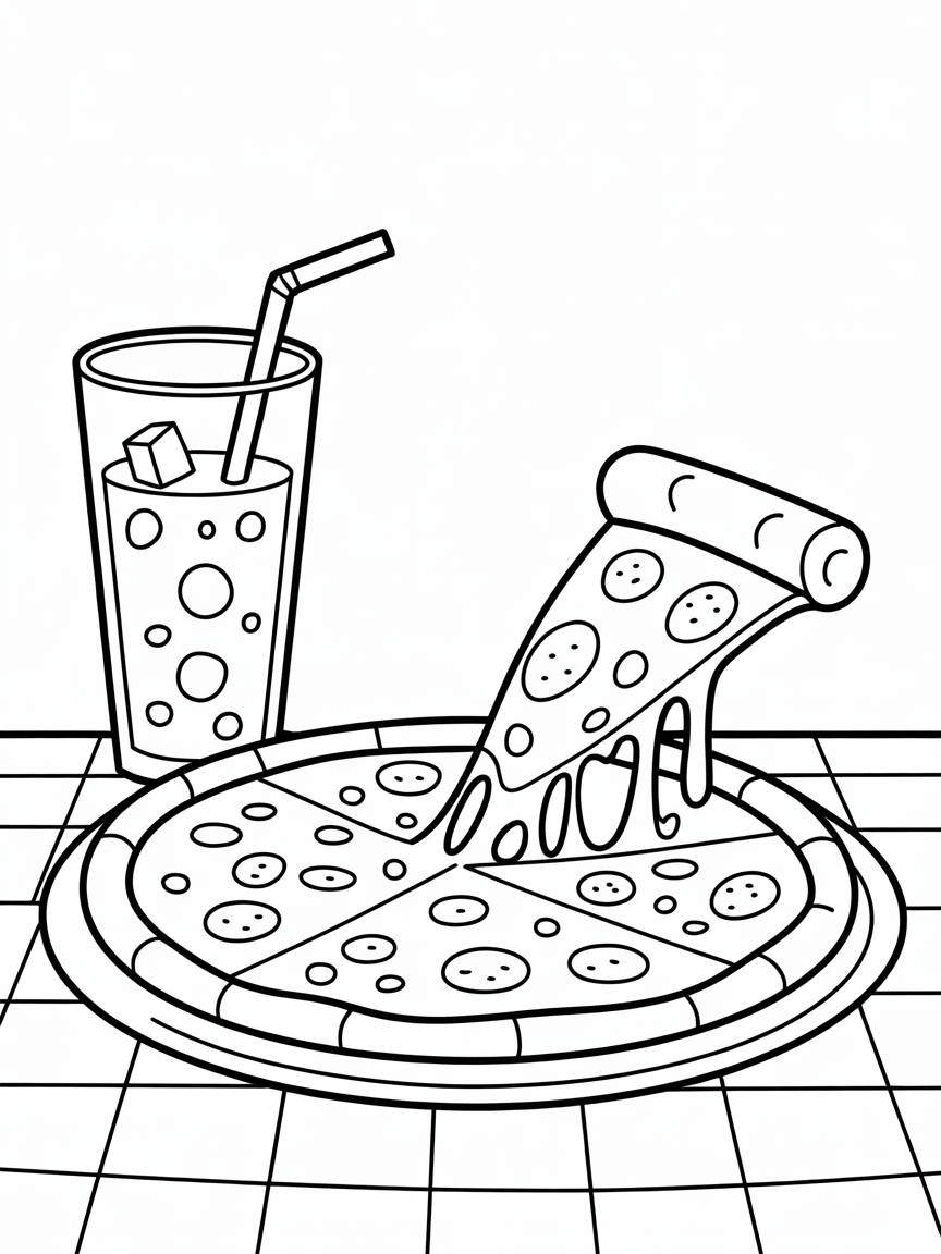 Pizza with cheese pull and cold drink on side - Free Coloring Page