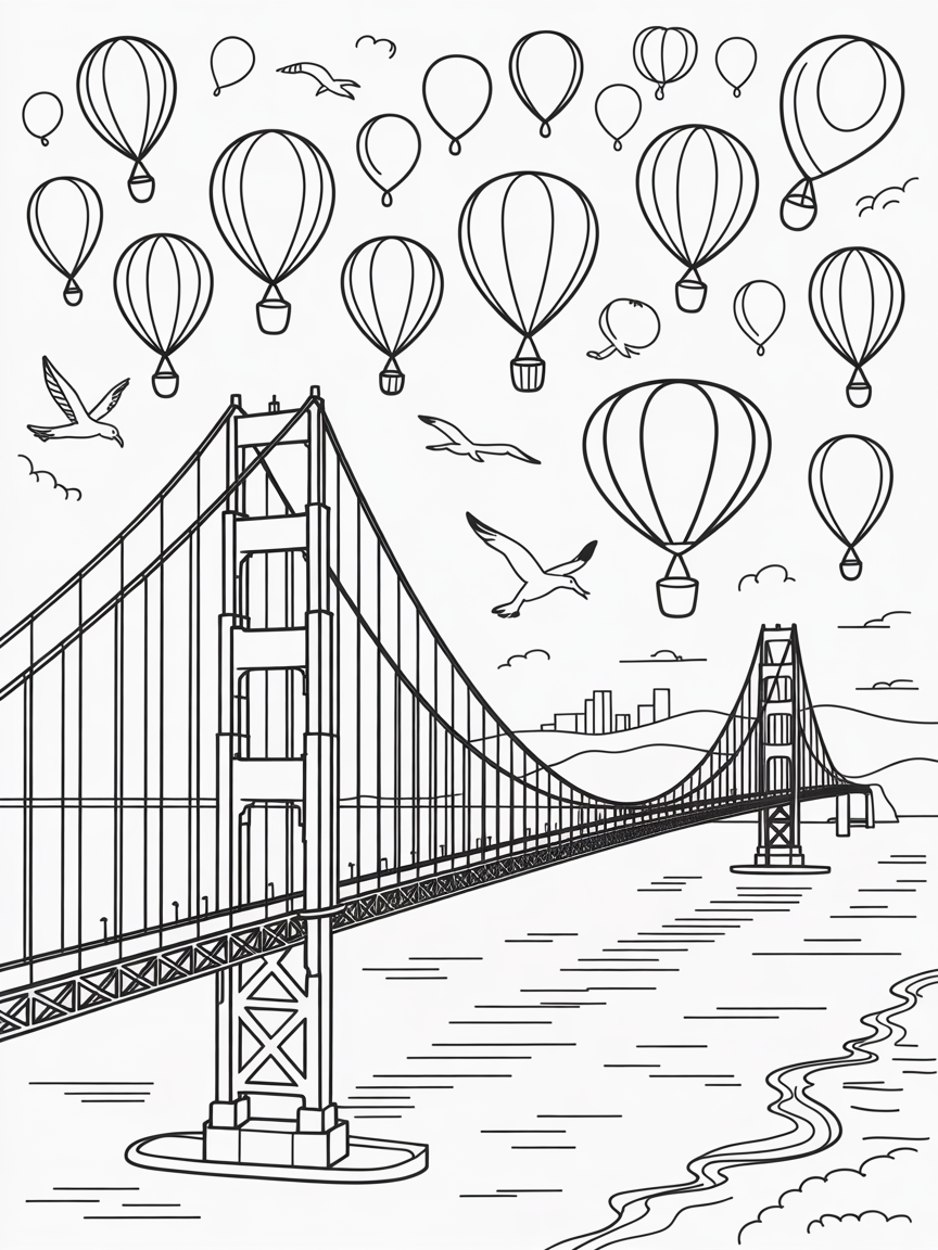San Francisco's Golden Gate Bridge with colorful balloon parade - Free Coloring Page