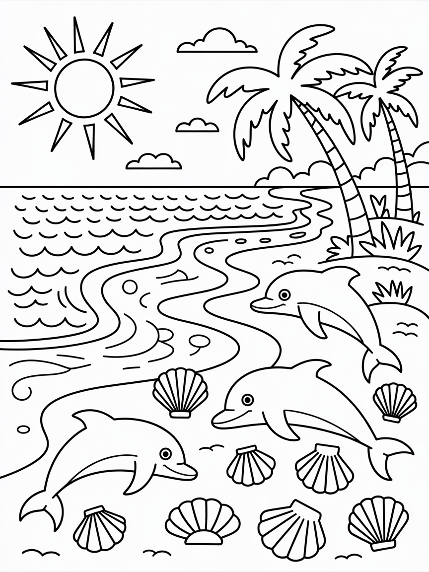 Miami beach scene with dolphins painting seashells - Free Coloring Page