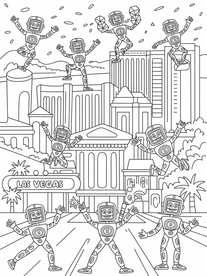 Las Vegas strip with neon robot acrobats - Free Coloring Page