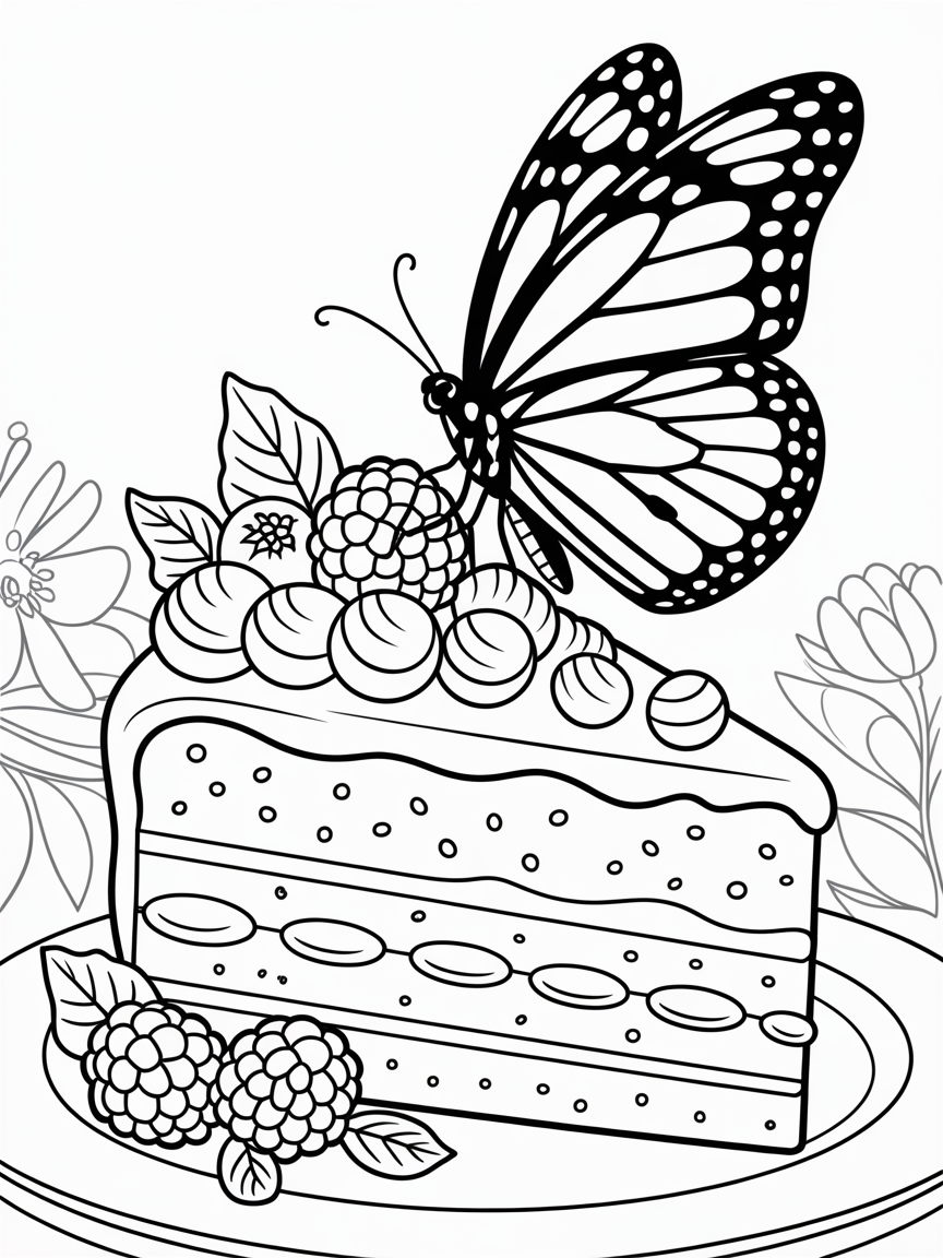 Butterfly sitting on cake slice - Free Coloring Page