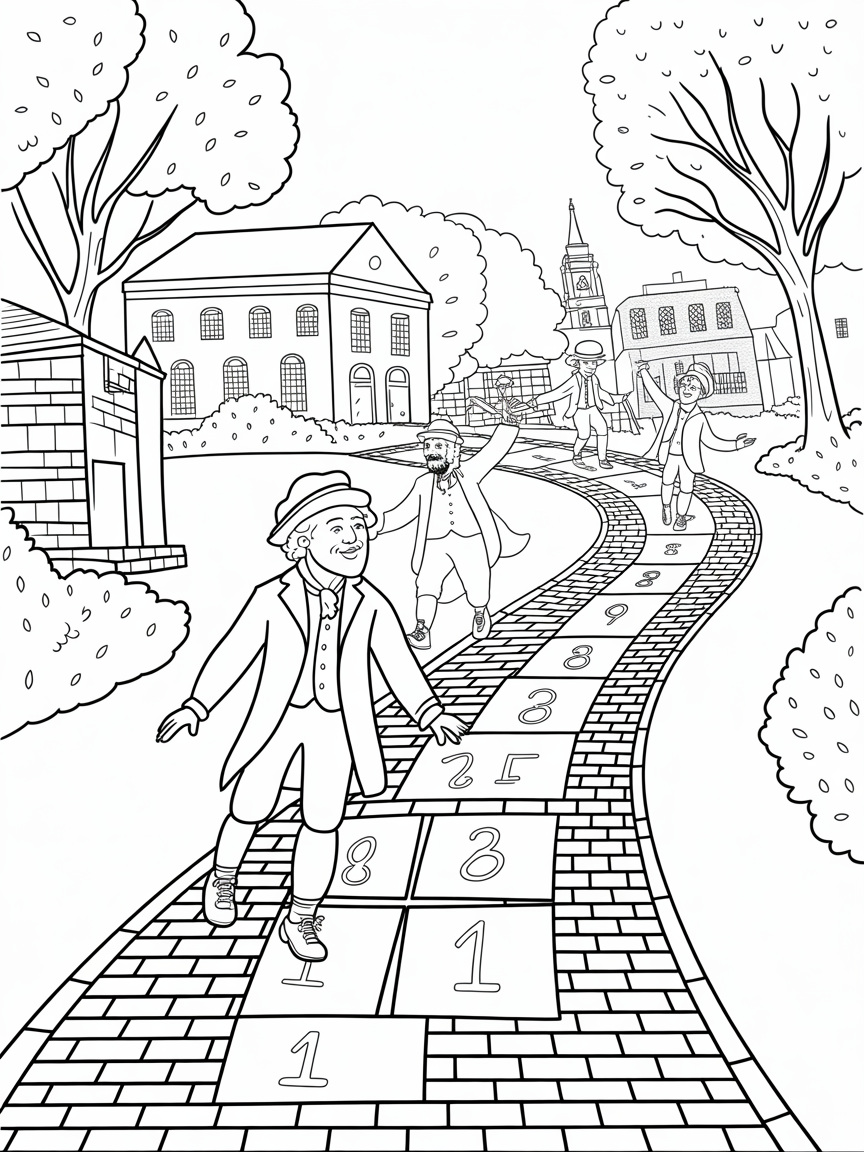 Boston's Freedom Trail with historic characters playing hopscotch - Free Coloring Page