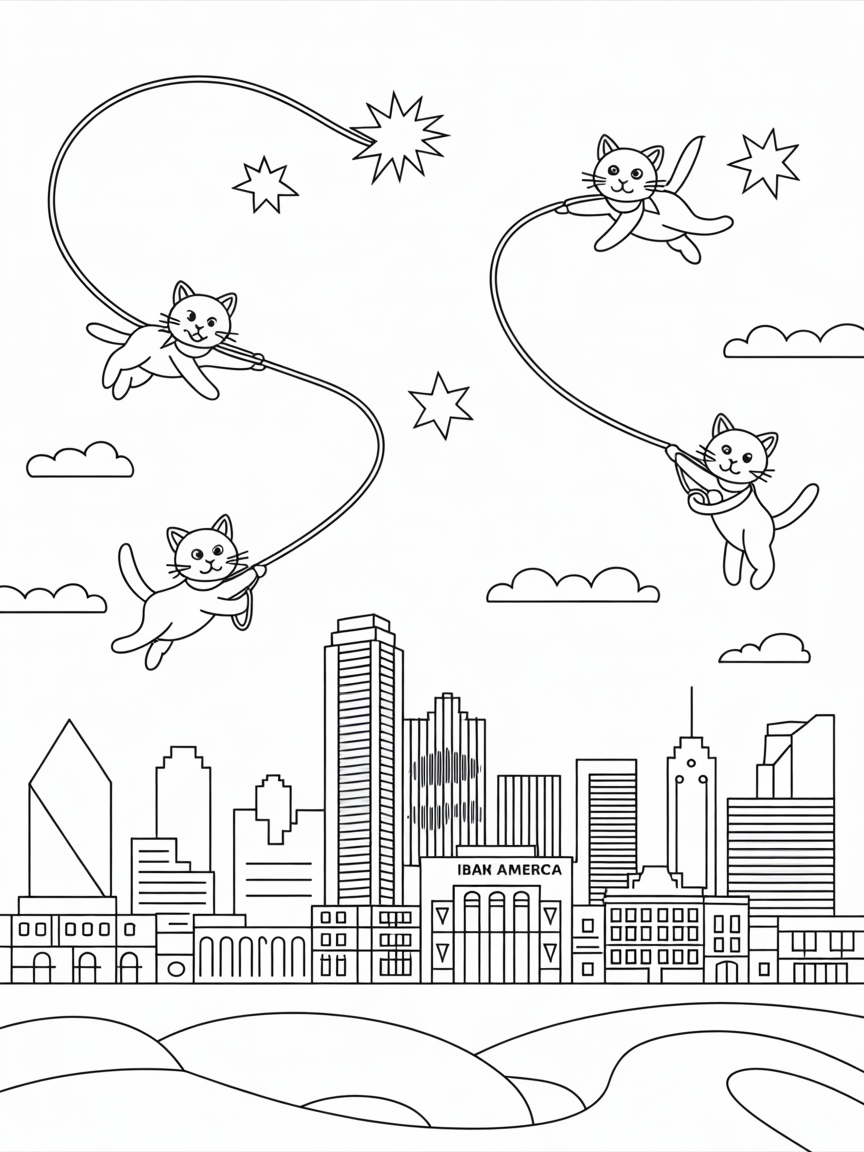 Dallas skyline with cowboy cats lassoing stars - Free Coloring Page