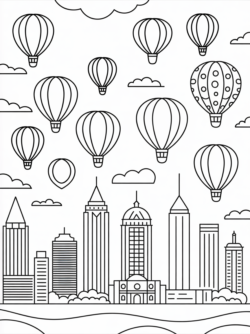 Atlanta's skyline with peach-shaped hot air balloons floating - Free Coloring Page