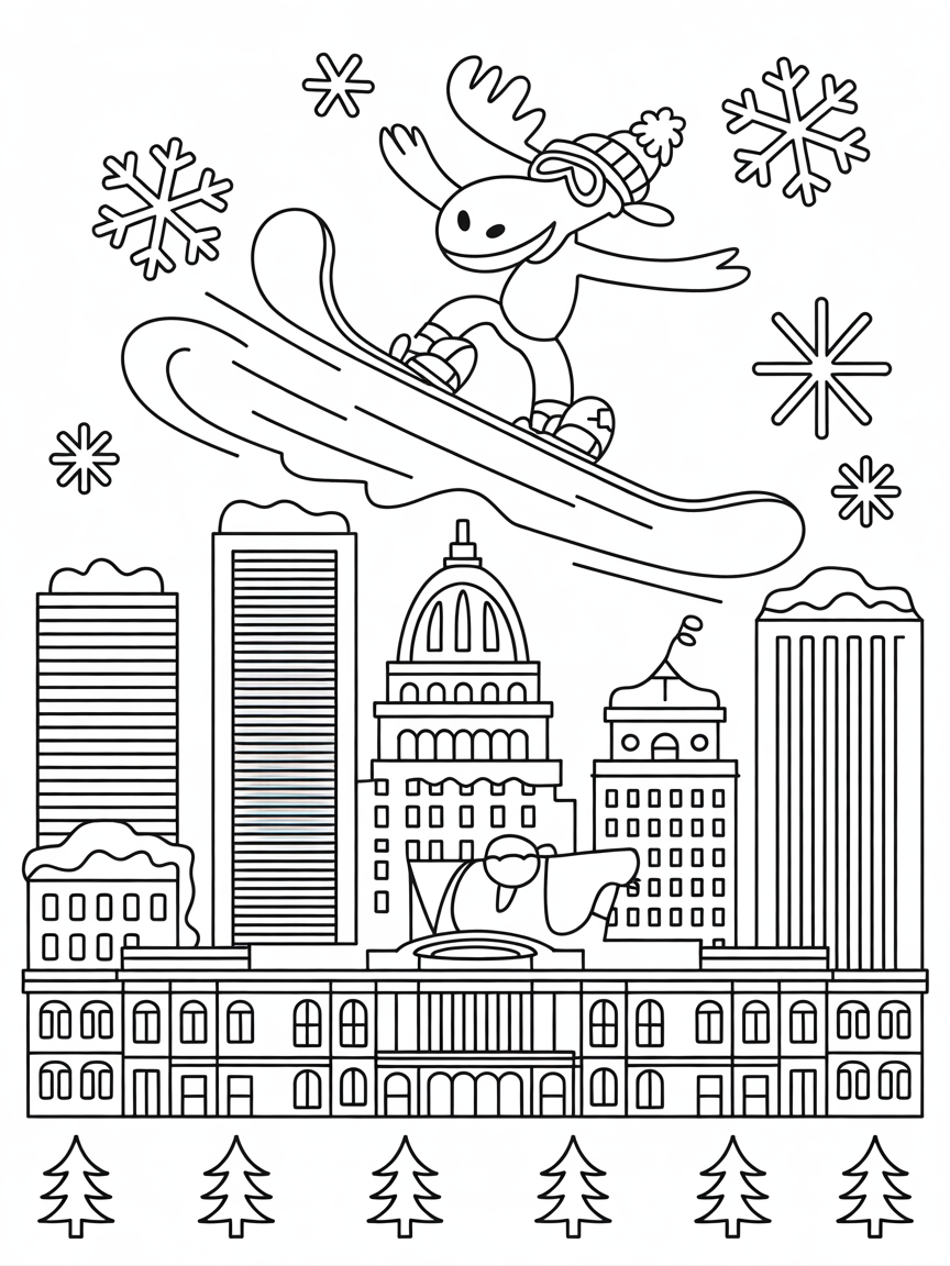 Denver skyline with snowboarding moose on rooftops - Free Coloring Page