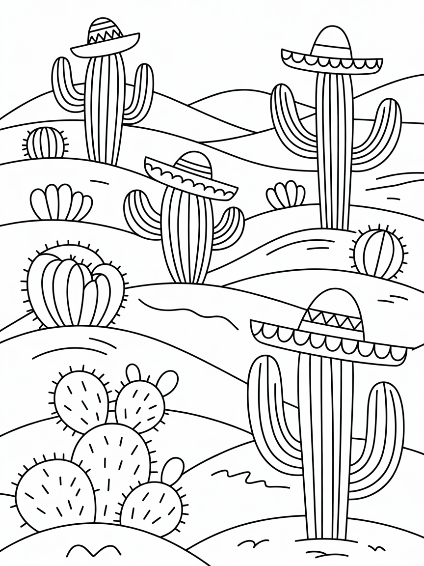 Phoenix desert scene with cacti in sombreros - Free Coloring Page