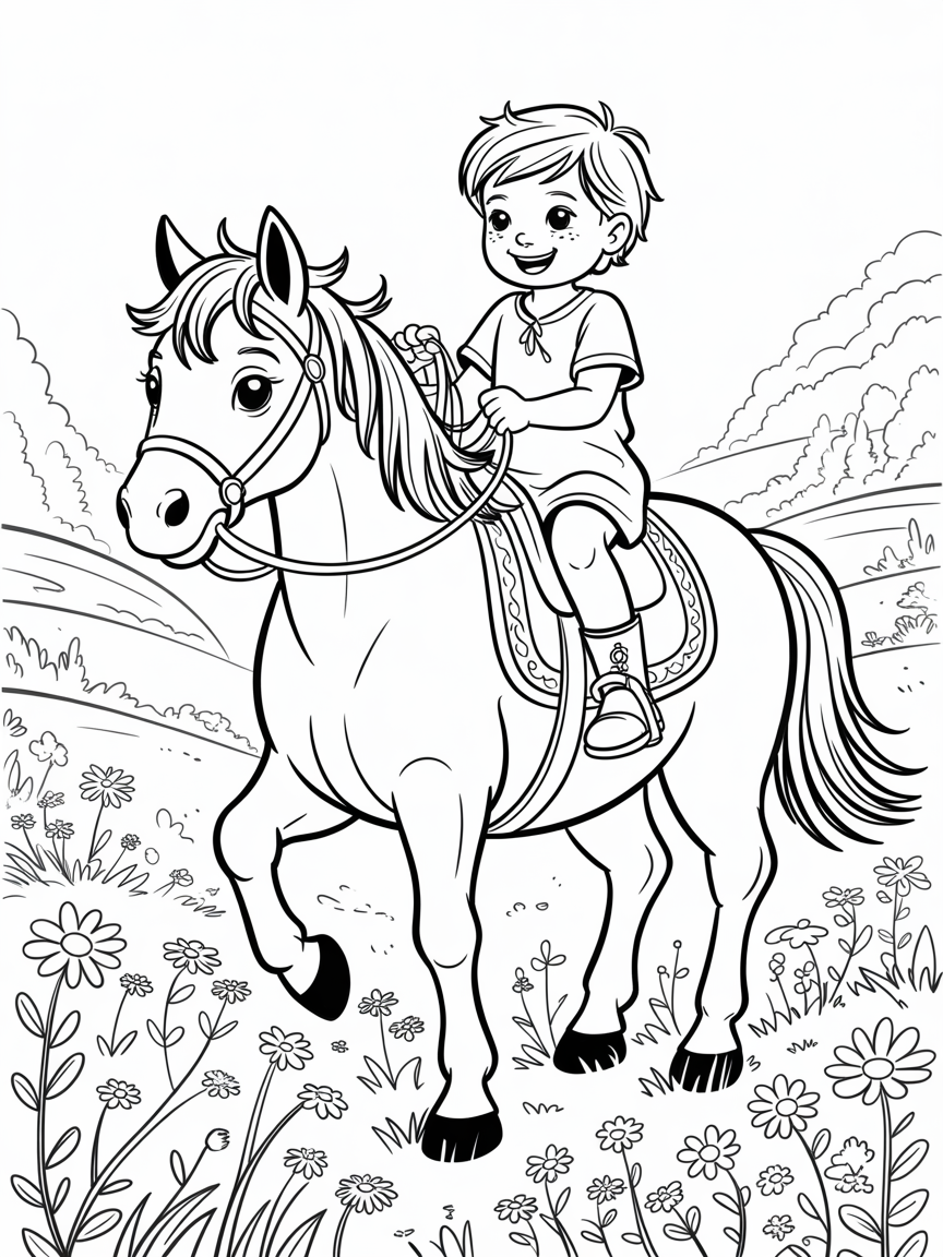 A child on a horse - Free Coloring Page