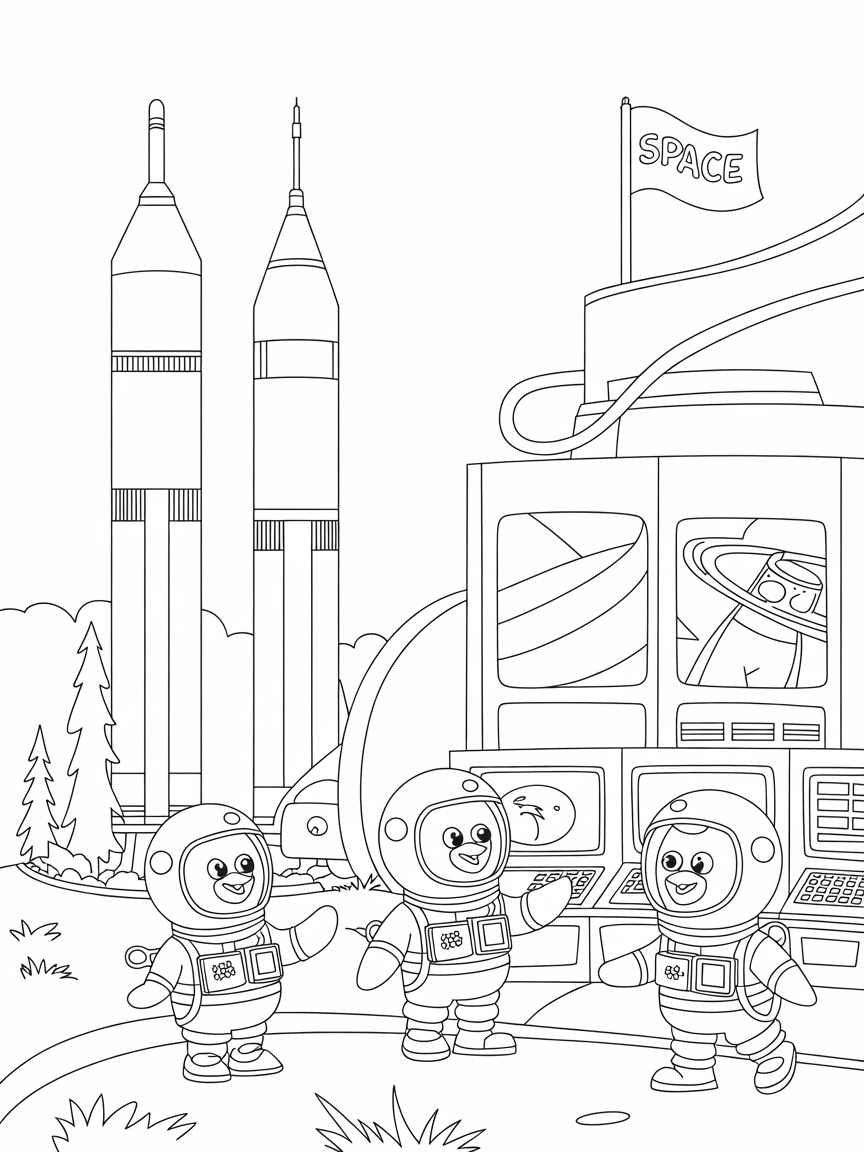 Houston's space center with astronaut penguins - Free Coloring Page