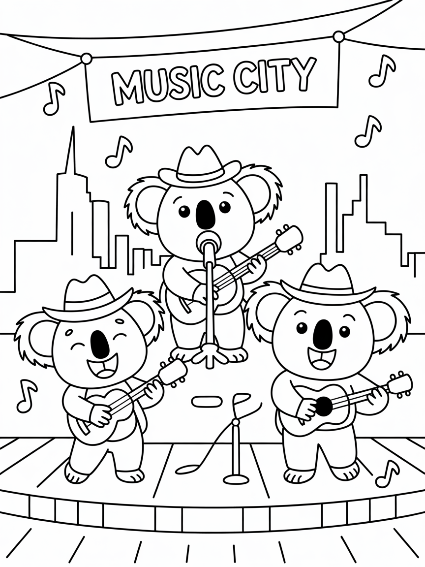 Nashville's country music scene with crooning koalas - Free Coloring Page