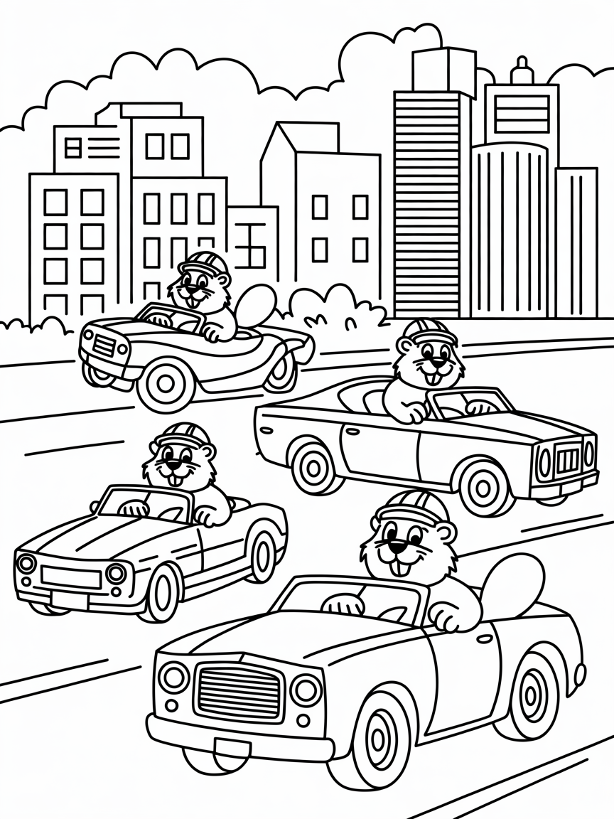 Detroit's Motor City with racing beavers in classic cars - Free Coloring Page