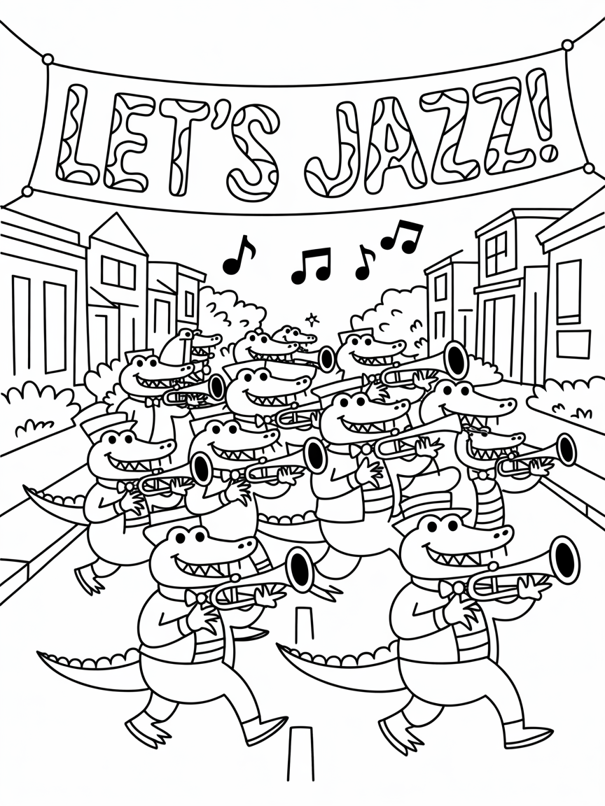 New Orleans jazz parade with dancing alligator bands - Free Coloring Page