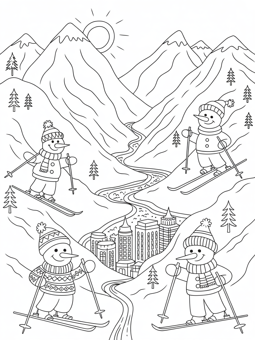 Salt Lake City mountains with skiing snowmen quartet - Free Coloring Page