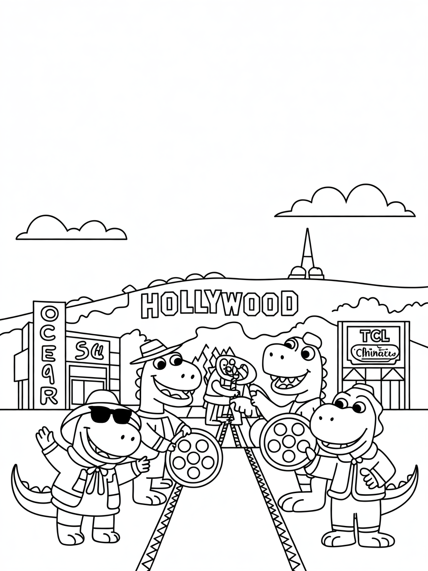 Los Angeles' Hollywood with dinosaur movie stars - Free Coloring Page