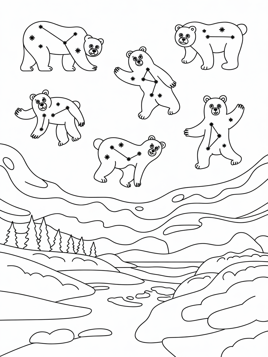 Anchorage's Northern Lights with dancing bear constellations - Free Coloring Page