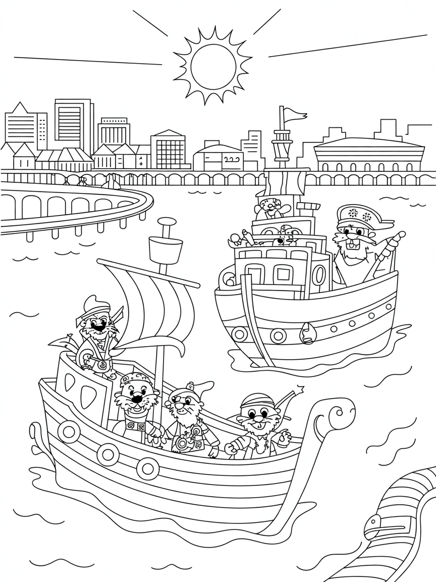 Baltimore's harbor with pirate otter ship battle - Free Coloring Page