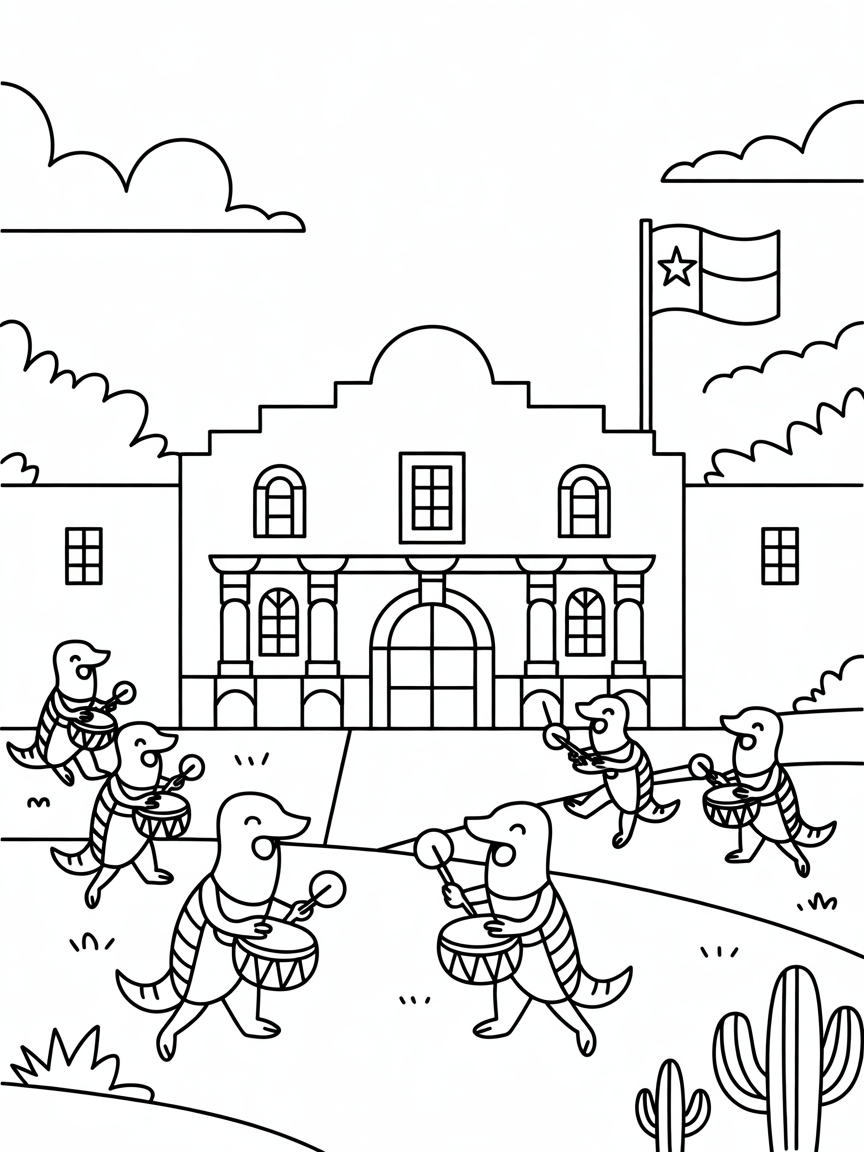 San Antonio's Alamo with armadillo drummers - Free Coloring Page
