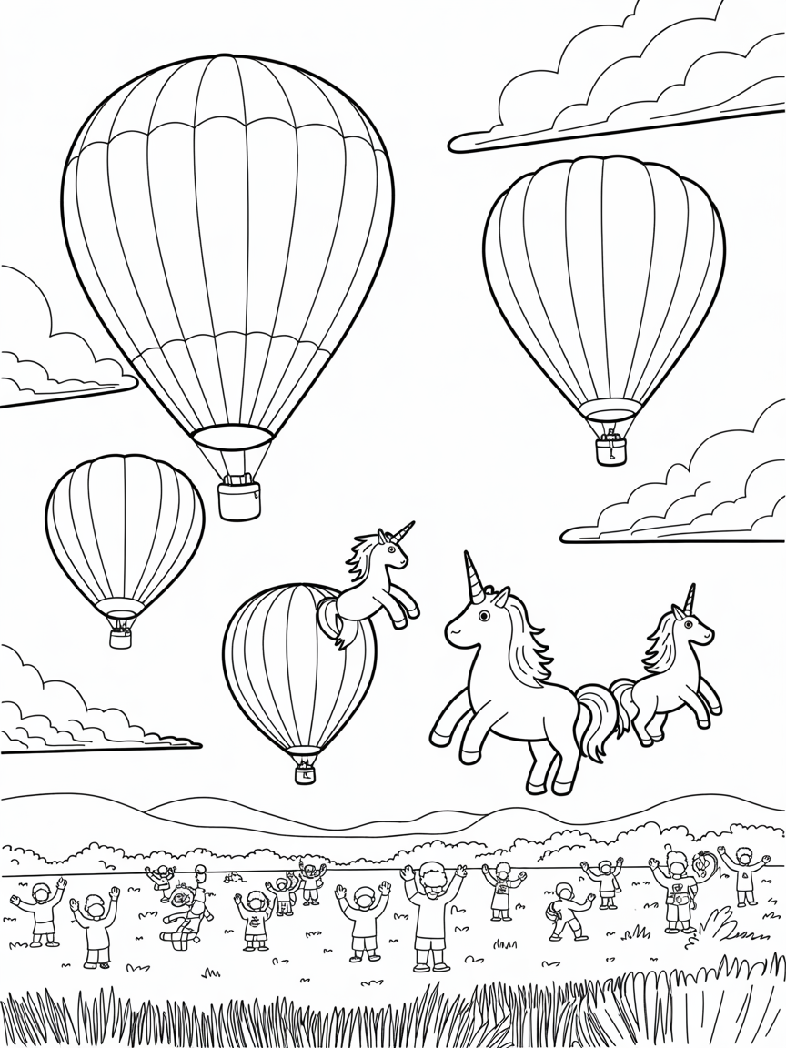 Albuquerque Balloon Fiesta with unicorn airships - Free Coloring Page