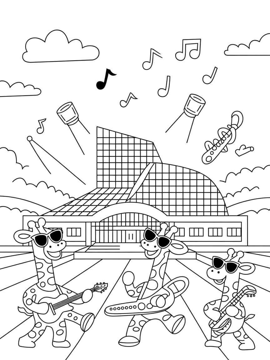 Cleveland's Rock and Roll Hall of Fame with jamming giraffes - Free Coloring Page