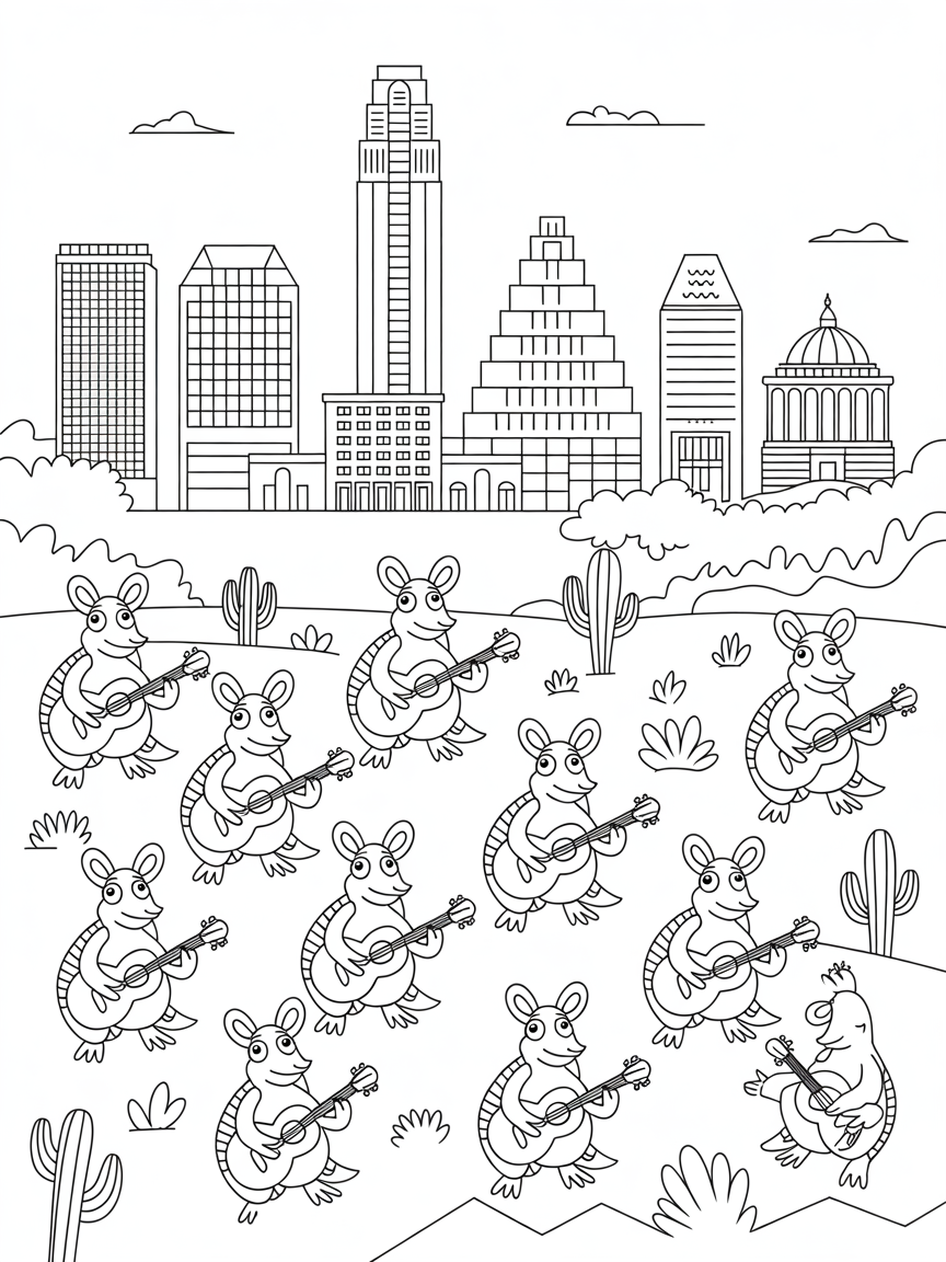 Austin's skyline with guitar-playing armadillos - Free Coloring Page