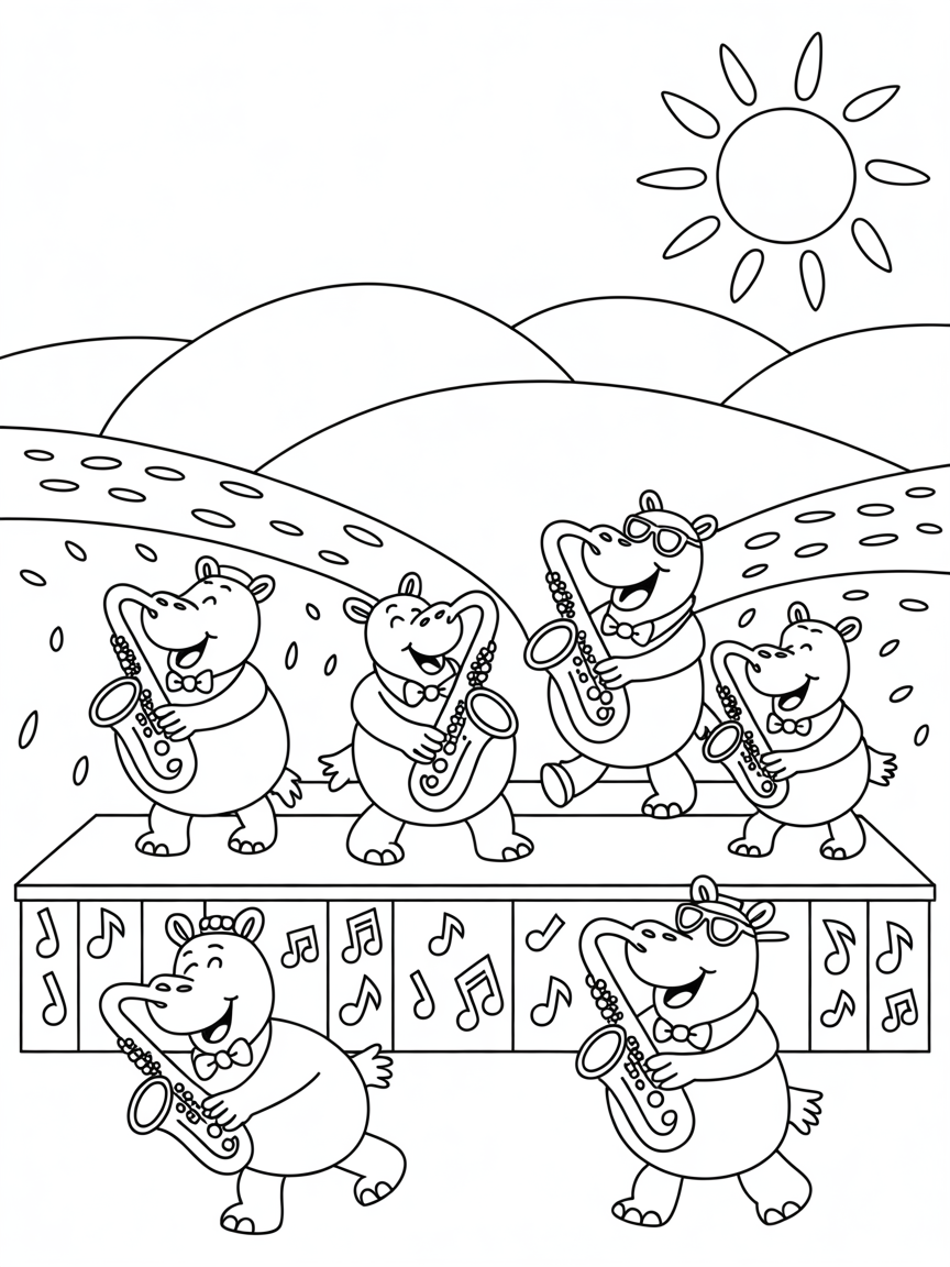 Memphis blues festival with saxophone-playing hippos - Free Coloring Page
