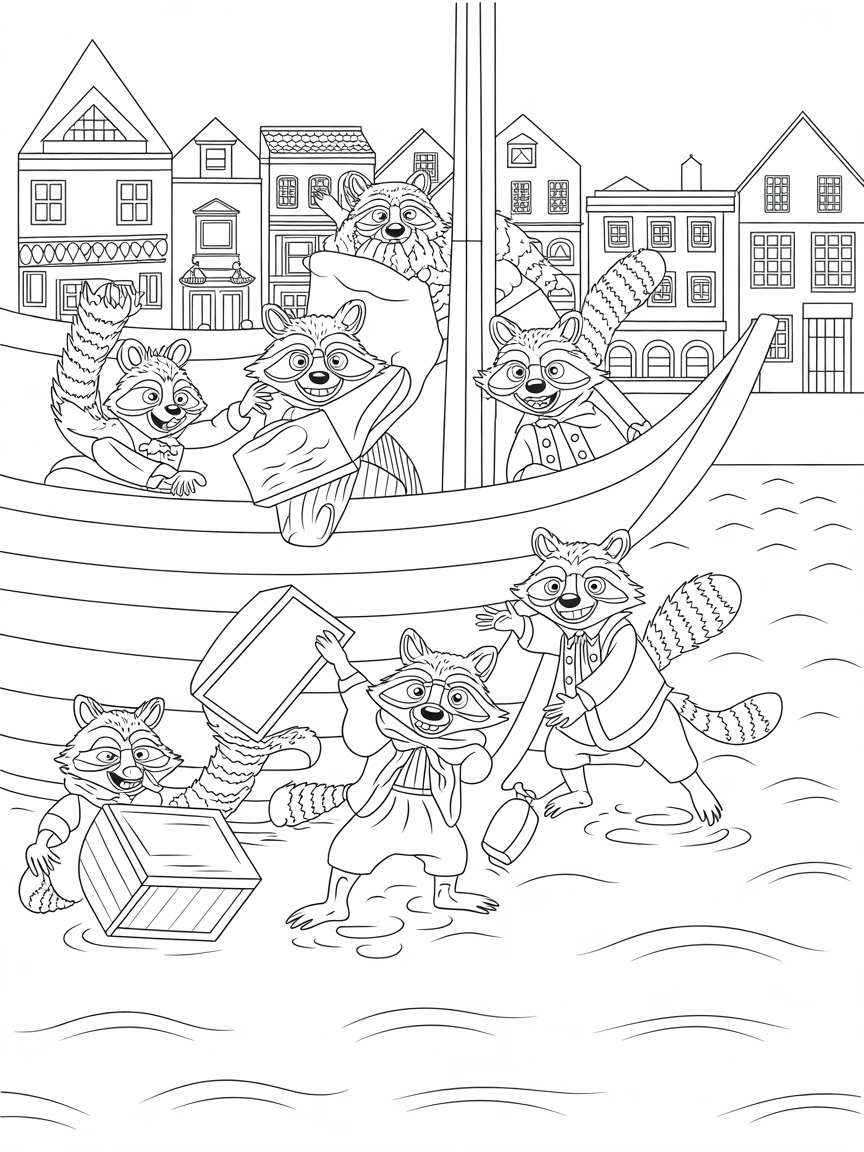 Boston's tea party reenacted by mischievous raccoons - Free Coloring Page