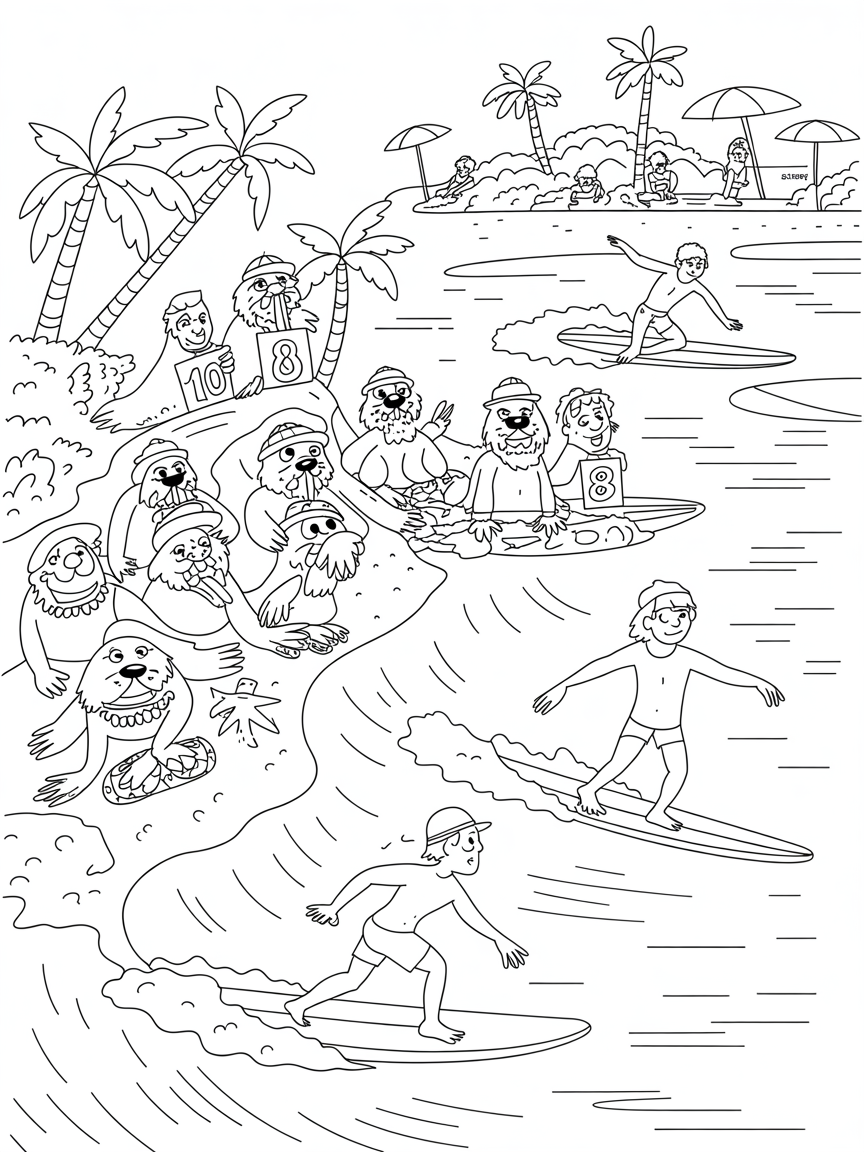 San Diego's surf competition with sea lion judges - Free Coloring Page
