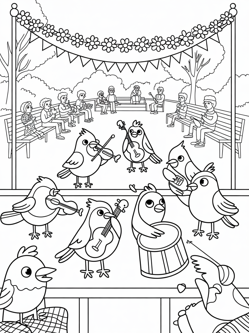 New York's Central Park with bird orchestra concerts - Free Coloring Page