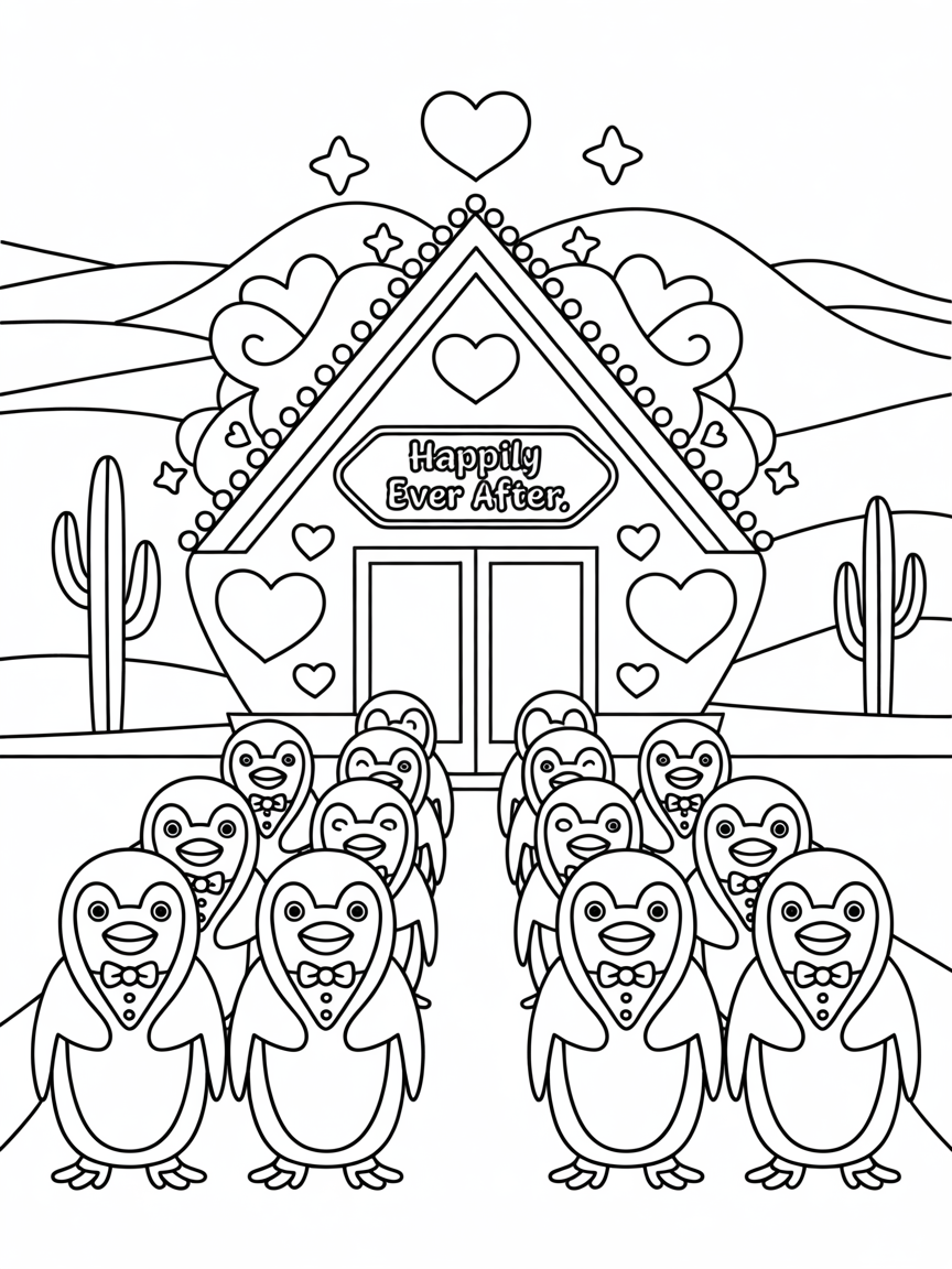 Las Vegas wedding chapel with penguin guests - Free Coloring Page
