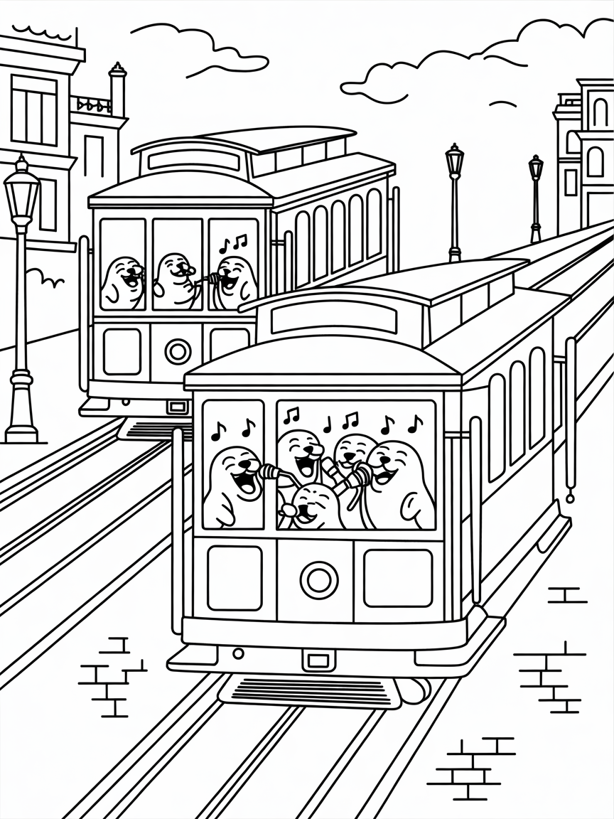 San Francisco cable cars filled with singing seals - Free Coloring Page
