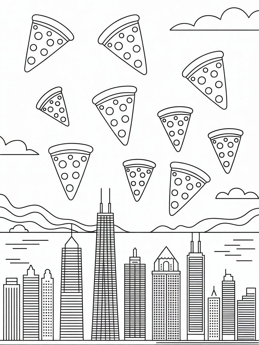 Chicago's skyline with pizza-slice-shaped balloons - Free Coloring Page