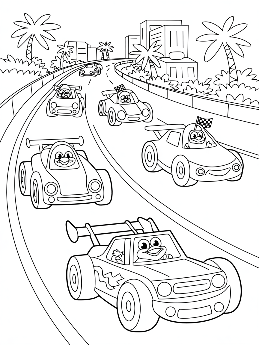 Los Angeles freeway with penguins in race cars - Free Coloring Page