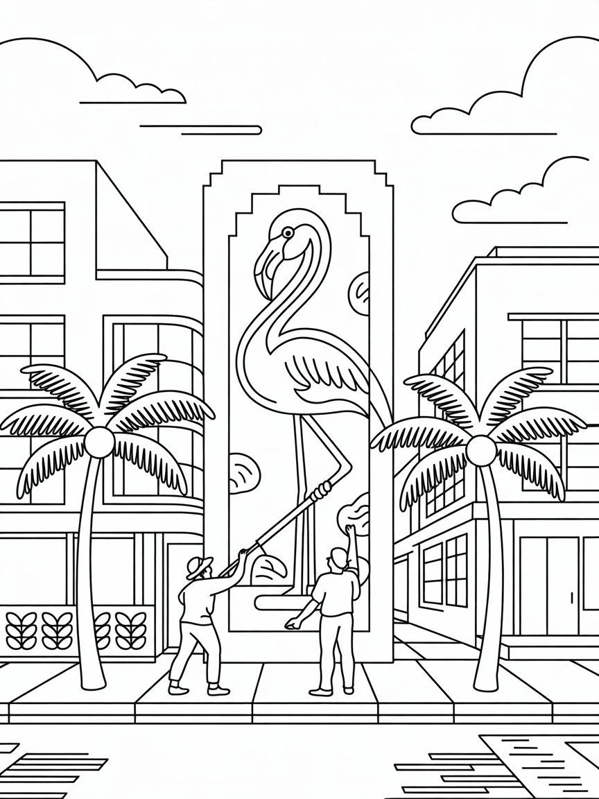 Miami's Art Deco street with flamingo muralists - Free Coloring Page