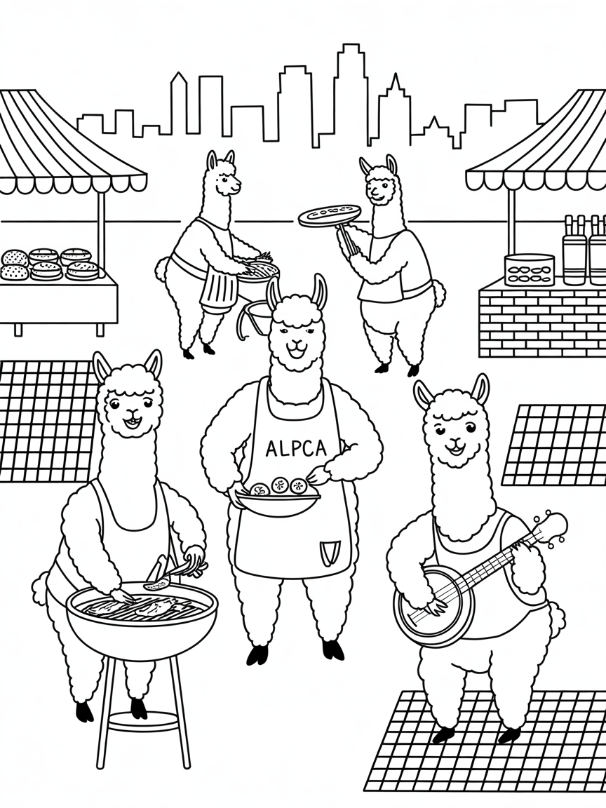 Kansas City barbecue festival with apron-wearing alpacas - Free Coloring Page