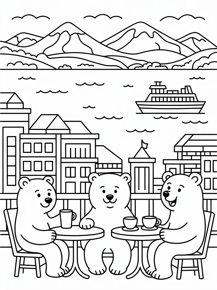 Seattle's waterfront with coffee-sipping polar bears - Free Coloring Page