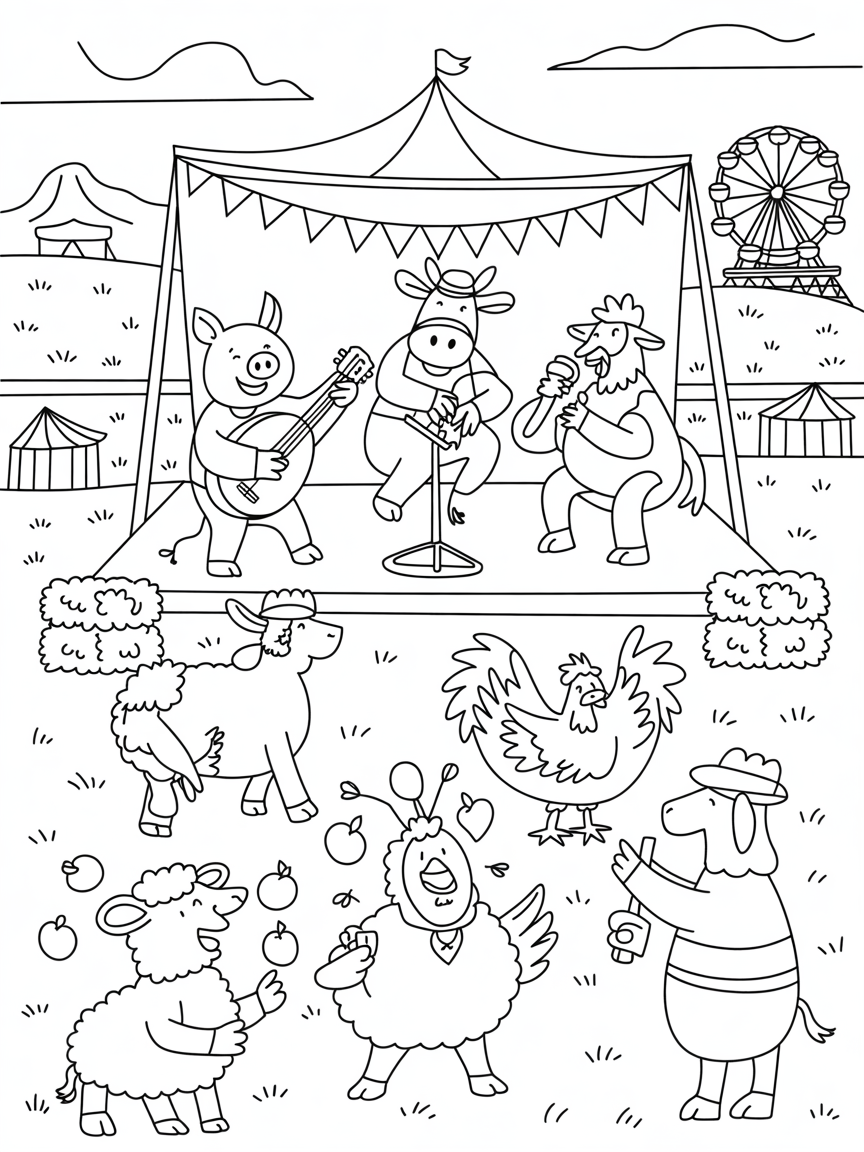 New York State Fair with barnyard animal performers - Free Coloring Page
