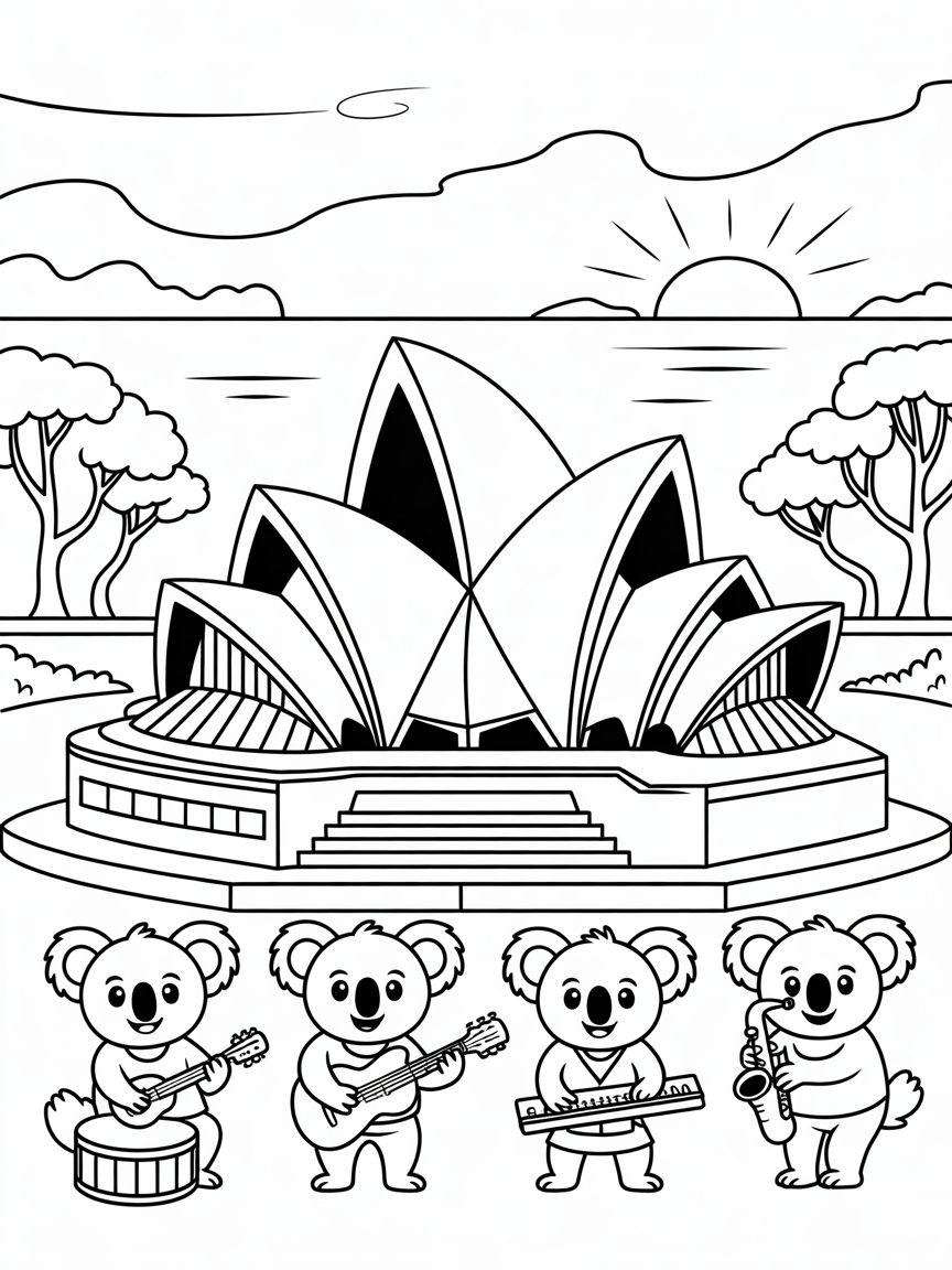 Sydney Opera House with koala musicians - Free Coloring Page