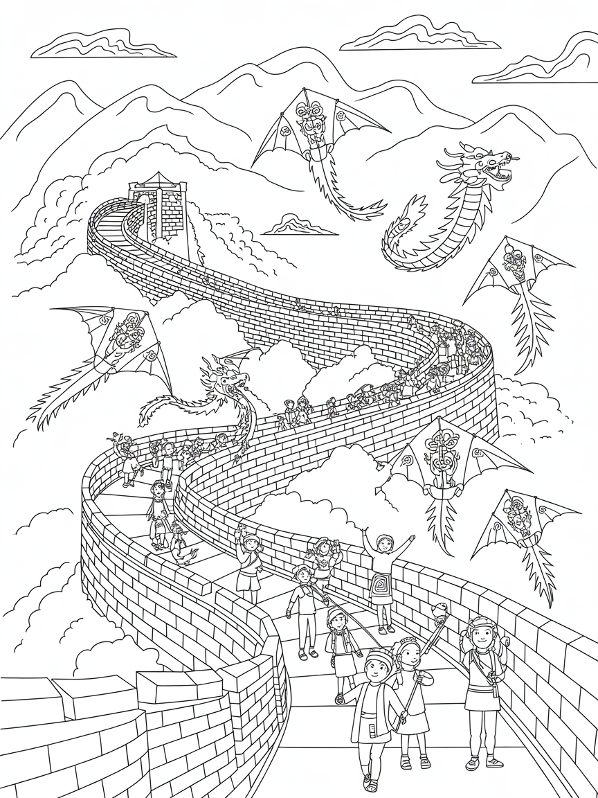 Great Wall of China with dragon kite festival - Free Coloring Page