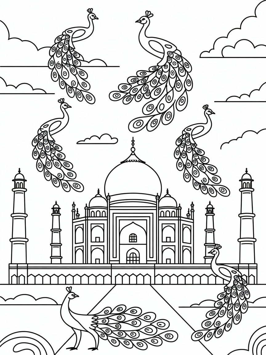 Taj Mahal surrounded by peacocks in rainbow colors - Free Coloring Page
