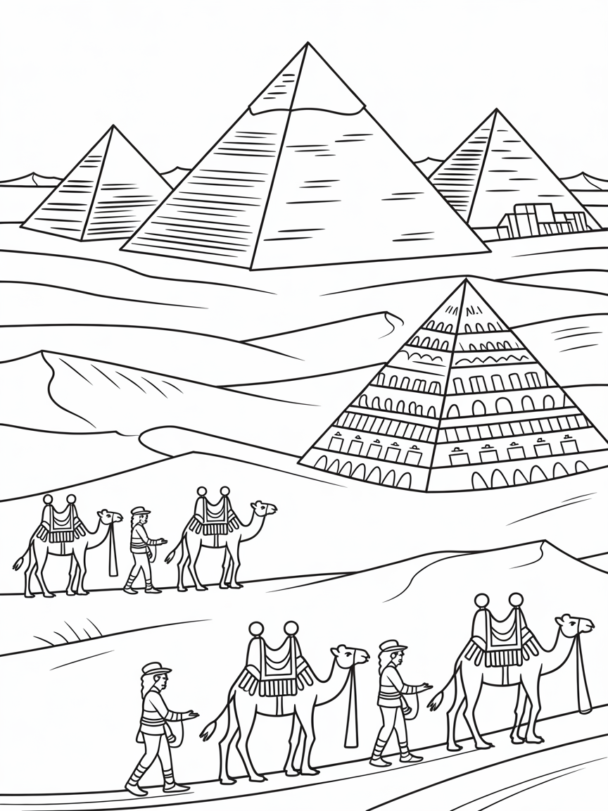 Egyptian pyramids with camel caravans of explorers - Free Coloring Page
